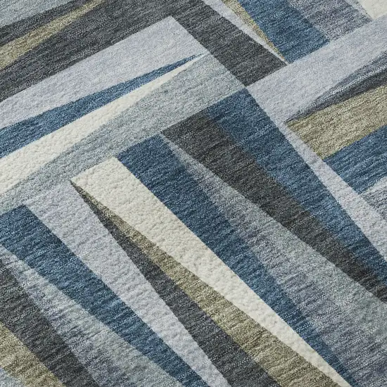 Denim Blue Ivory And Taupe Geometric Washable Area Rug With UV Protection Photo 8