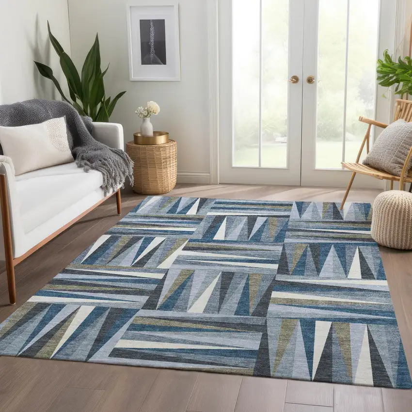 Denim Blue Ivory And Taupe Geometric Washable Area Rug With UV Protection Photo 4
