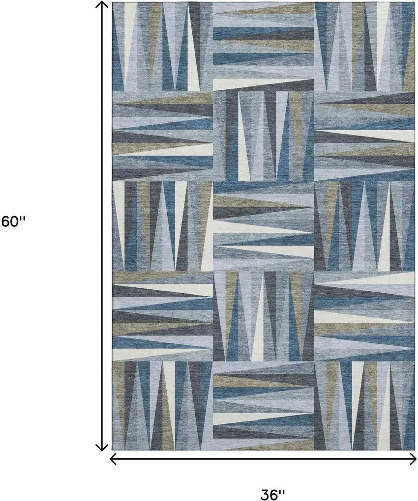 Denim Blue Ivory And Taupe Geometric Washable Area Rug With UV Protection Photo 9
