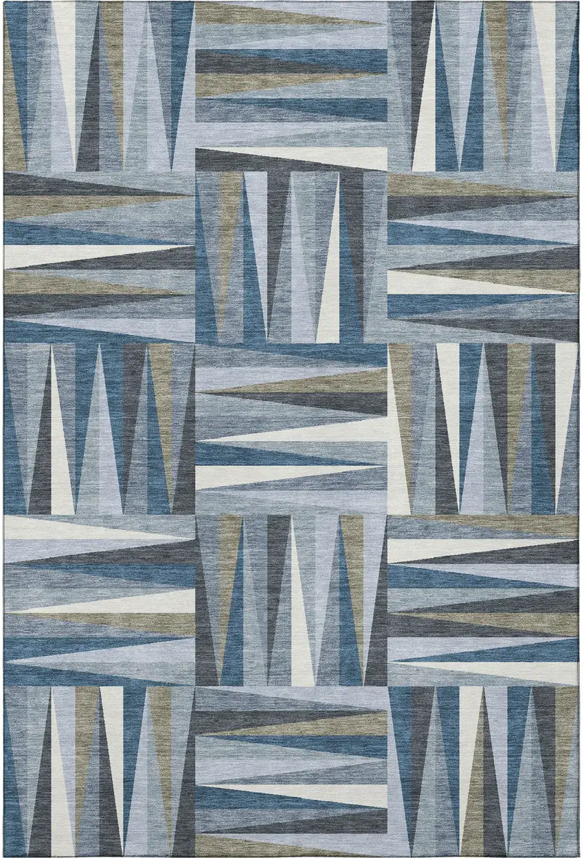 Denim Blue Ivory And Taupe Geometric Washable Area Rug With UV Protection Photo 2