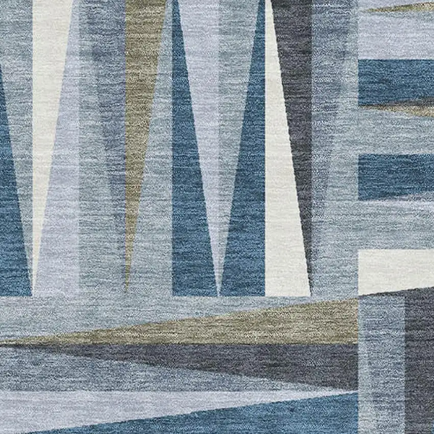 Denim Blue Ivory And Taupe Geometric Washable Area Rug With UV Protection Photo 2