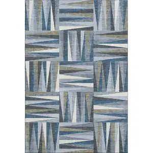 Photo of Denim Blue Ivory And Taupe Geometric Washable Area Rug With UV Protection