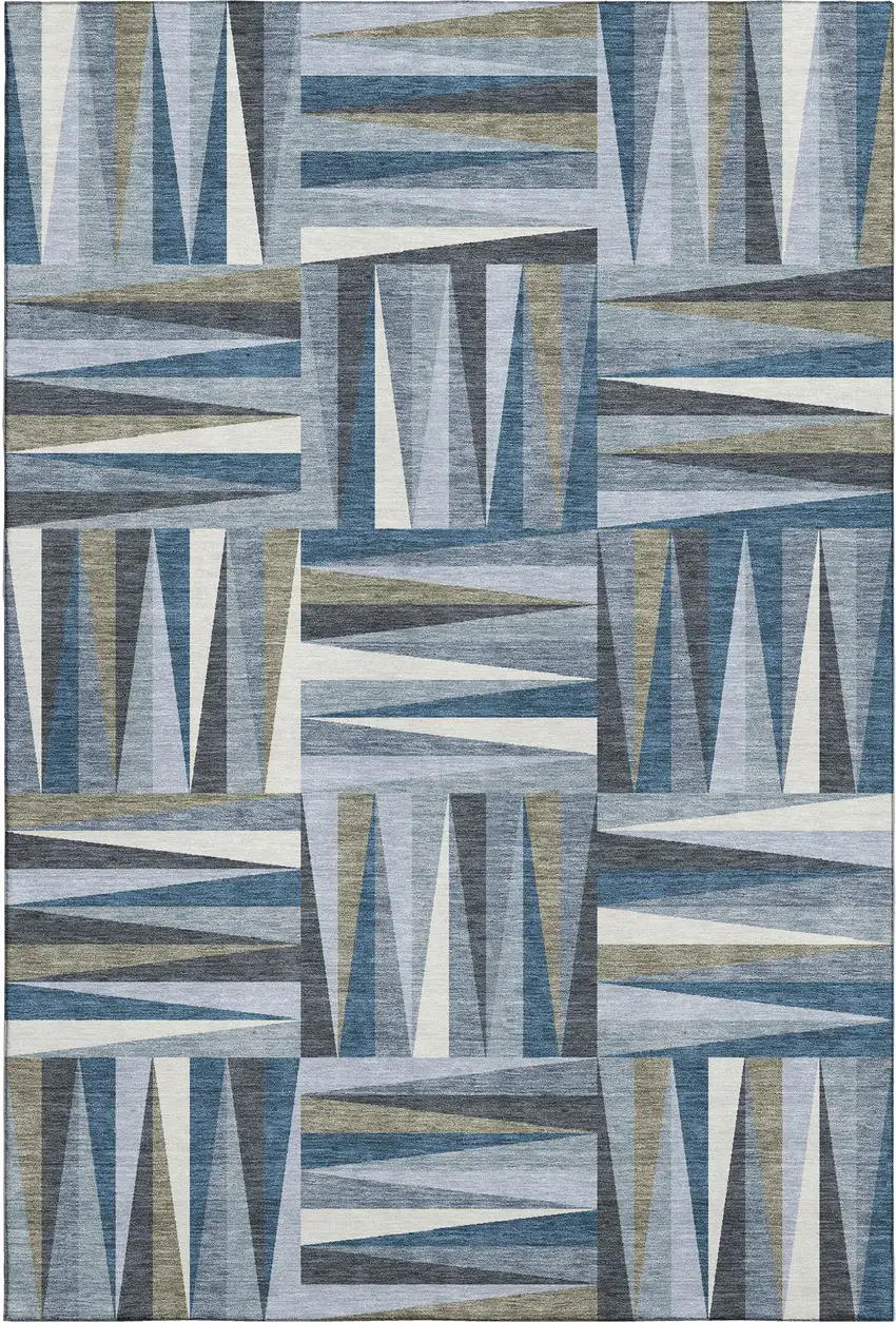 Denim Blue Ivory And Taupe Geometric Washable Area Rug With UV Protection Photo 1
