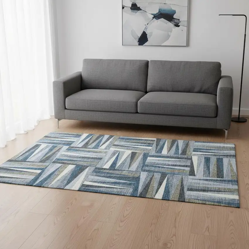 Denim Blue Ivory And Taupe Geometric Washable Area Rug With UV Protection Photo 2