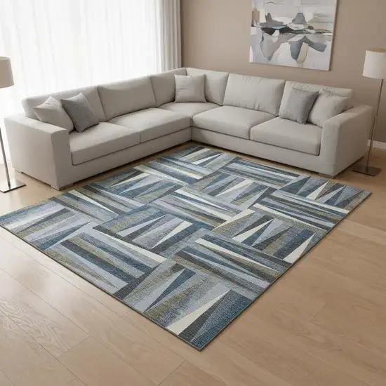 Denim Blue Ivory And Taupe Geometric Washable Area Rug With UV Protection Photo 2