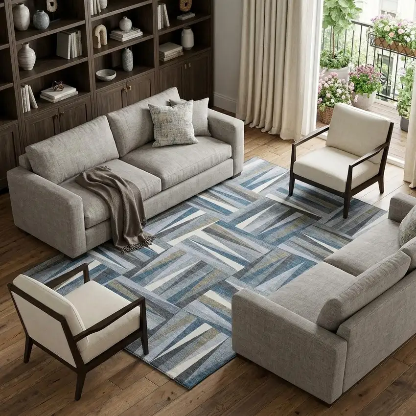 Denim Blue Ivory And Taupe Geometric Washable Area Rug With UV Protection Photo 1
