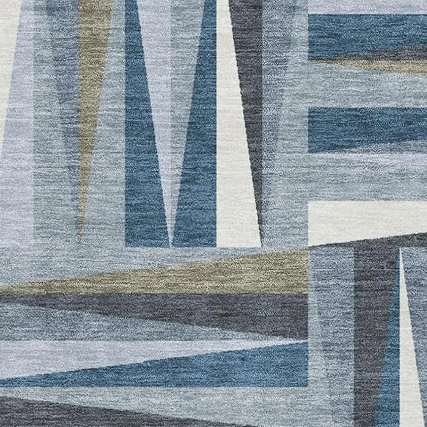 Denim Blue Ivory And Taupe Geometric Washable Area Rug With UV Protection Photo 2