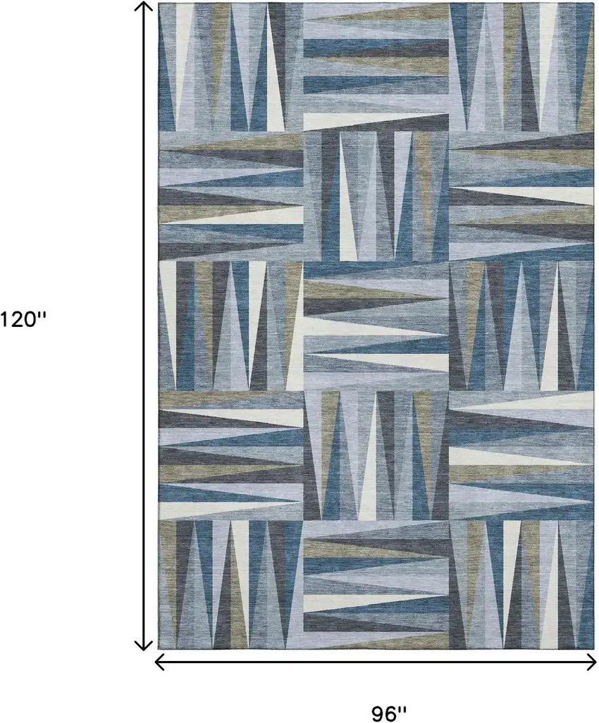Denim Blue Ivory And Taupe Geometric Washable Area Rug With UV Protection Photo 6