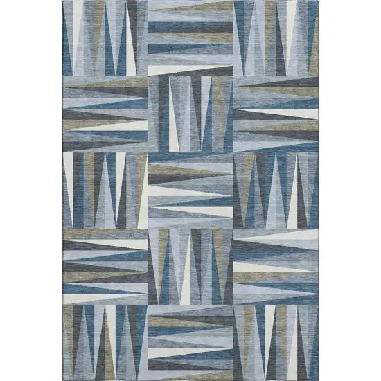 Denim Blue Ivory And Taupe Geometric Washable Area Rug With UV Protection Photo 1