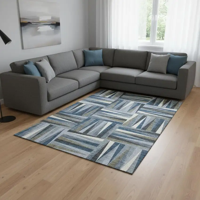 Denim Blue Ivory And Taupe Geometric Washable Area Rug With UV Protection Photo 2