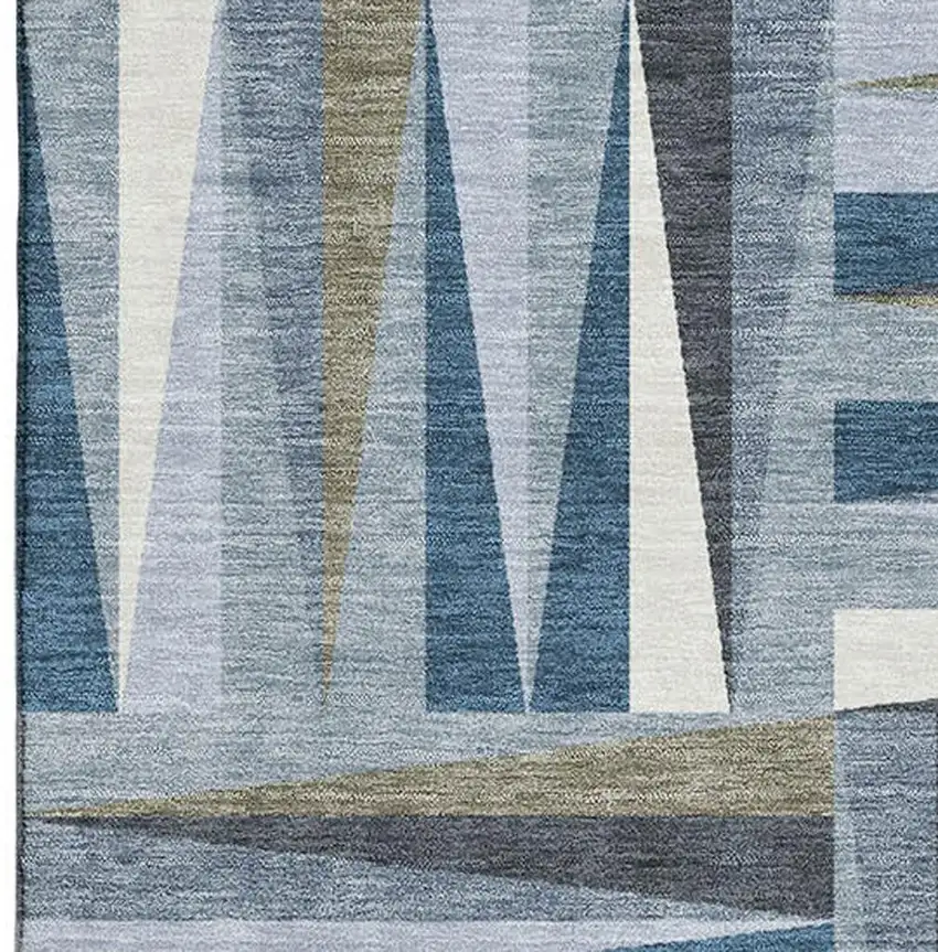 Denim Blue Ivory And Taupe Geometric Washable Area Rug With UV Protection Photo 2