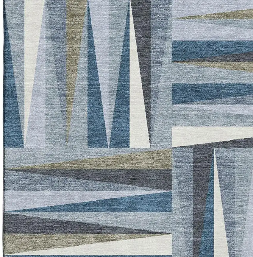 Denim Blue Ivory And Taupe Geometric Washable Area Rug With UV Protection Photo 3