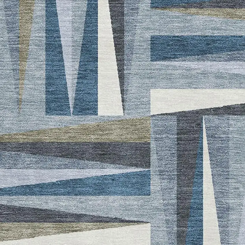 Denim Blue Ivory And Taupe Geometric Washable Area Rug With UV Protection Photo 2