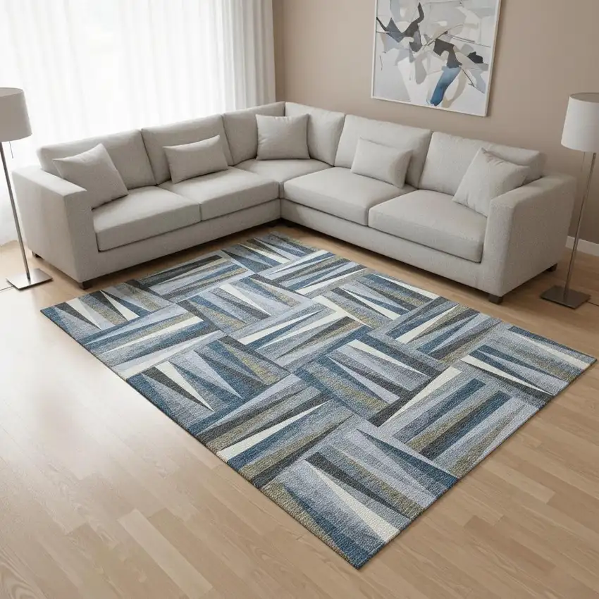 Denim Blue Ivory And Taupe Geometric Washable Area Rug With UV Protection Photo 2