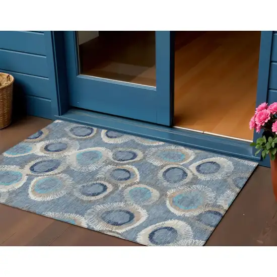 Denim Blue Ivory And Taupe Geometric Washable Indoor Outdoor Area Rug Photo 1