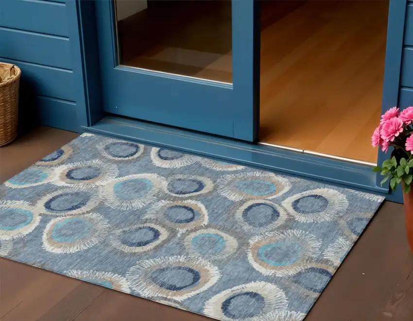 Denim Blue Ivory And Taupe Geometric Washable Indoor Outdoor Area Rug Photo 1