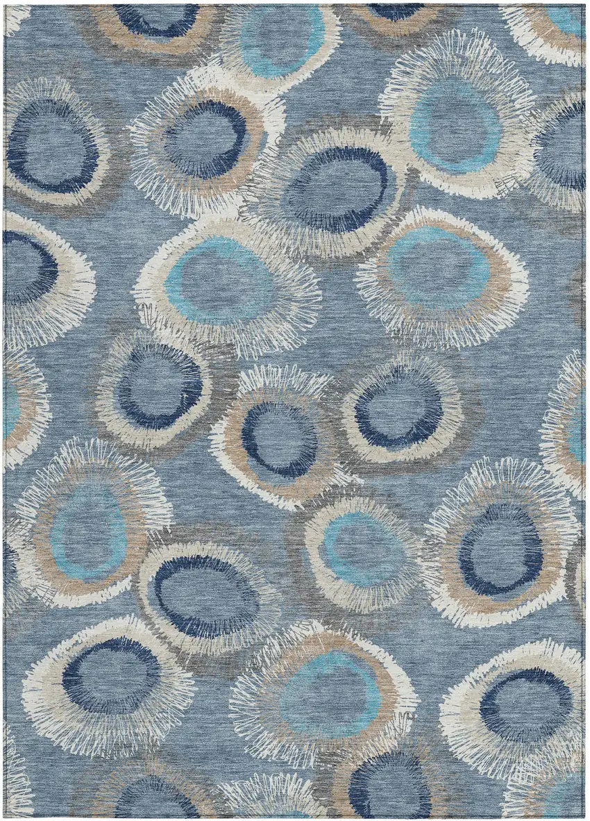 Denim Blue Ivory And Taupe Geometric Washable Indoor Outdoor Area Rug Photo 5