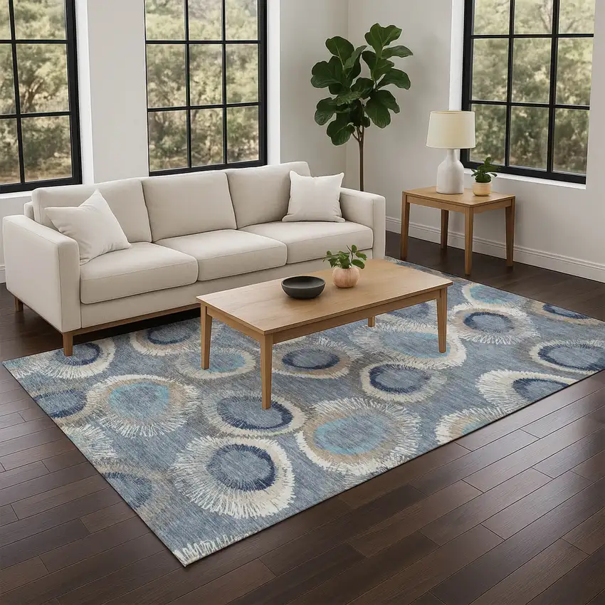 Denim Blue Ivory And Taupe Geometric Washable Indoor Outdoor Area Rug Photo 9