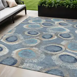 Photo of Denim Blue Ivory And Taupe Geometric Washable Indoor Outdoor Area Rug