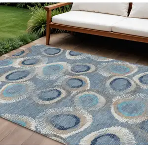 Photo of Denim Blue Ivory And Taupe Geometric Washable Indoor Outdoor Area Rug