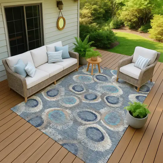 Denim Blue Ivory And Taupe Geometric Washable Indoor Outdoor Area Rug Photo 9