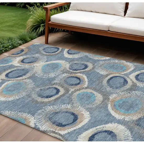 Denim Blue Ivory And Taupe Geometric Washable Indoor Outdoor Area Rug Photo 1