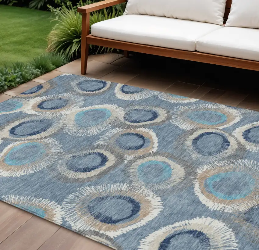 Denim Blue Ivory And Taupe Geometric Washable Indoor Outdoor Area Rug Photo 1