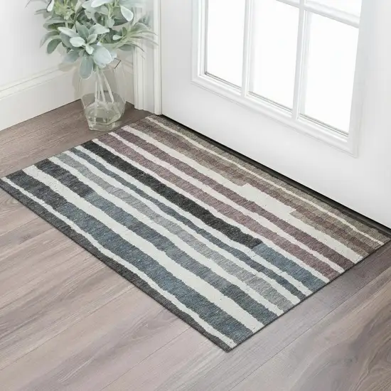 Denim Blue Ivory And Taupe Striped Washable Area Rug With UV Protection Photo 2
