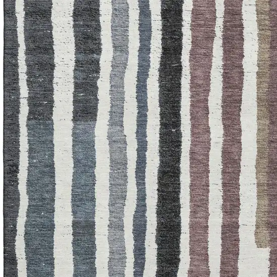 Denim Blue Ivory And Taupe Striped Washable Area Rug With UV Protection Photo 4