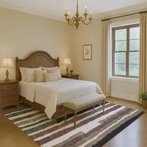 Photo of Denim Blue Ivory And Taupe Striped Washable Area Rug With UV Protection