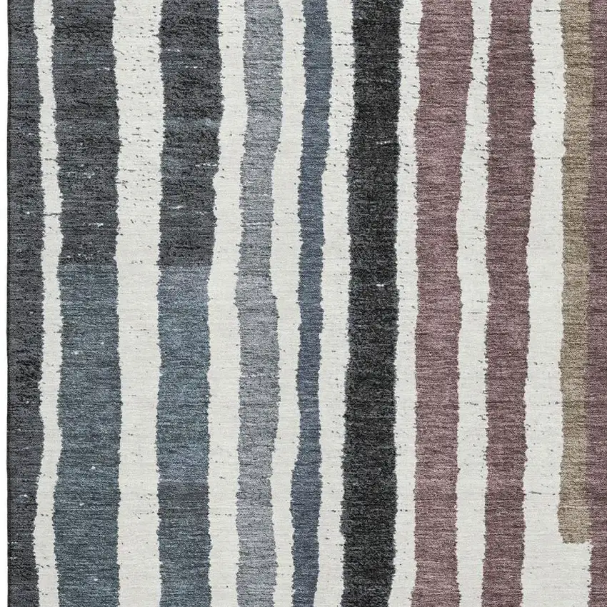 Denim Blue Ivory And Taupe Striped Washable Area Rug With UV Protection Photo 4