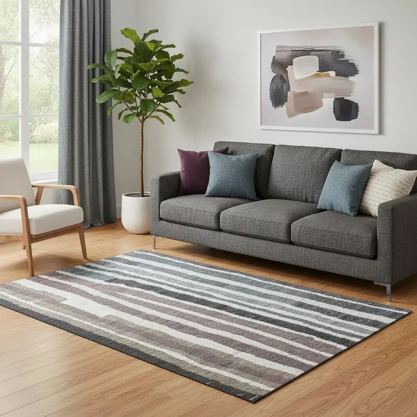 Denim Blue Ivory And Taupe Striped Washable Area Rug With UV Protection Photo 2