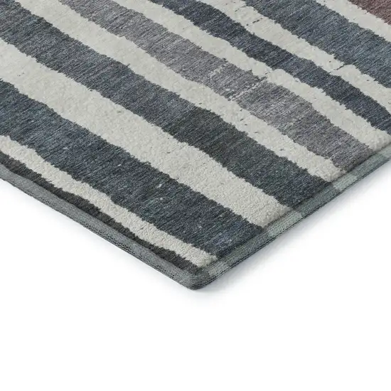 Denim Blue Ivory And Taupe Striped Washable Area Rug With UV Protection Photo 7
