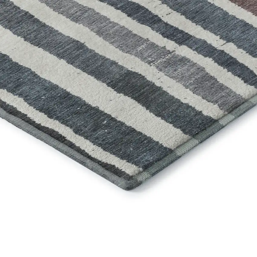 Denim Blue Ivory And Taupe Striped Washable Area Rug With UV Protection Photo 7