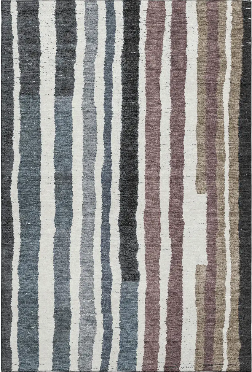 Denim Blue Ivory And Taupe Striped Washable Area Rug With UV Protection Photo 1