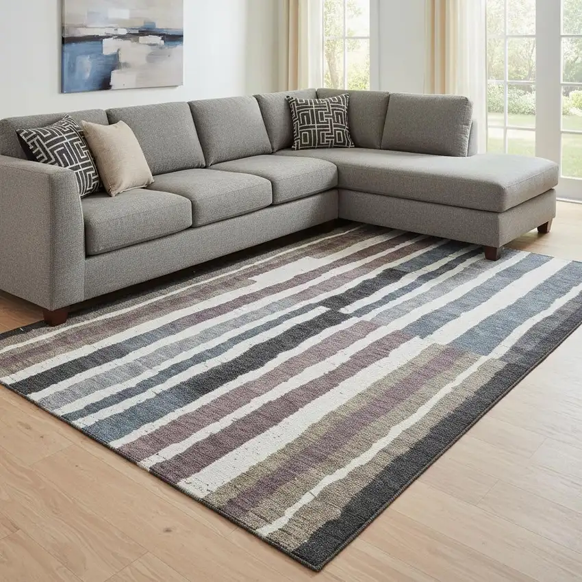 Denim Blue Ivory And Taupe Striped Washable Area Rug With UV Protection Photo 2