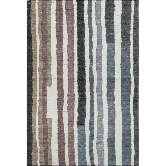 Denim Blue Ivory And Taupe Striped Washable Area Rug With UV Protection Photo 3