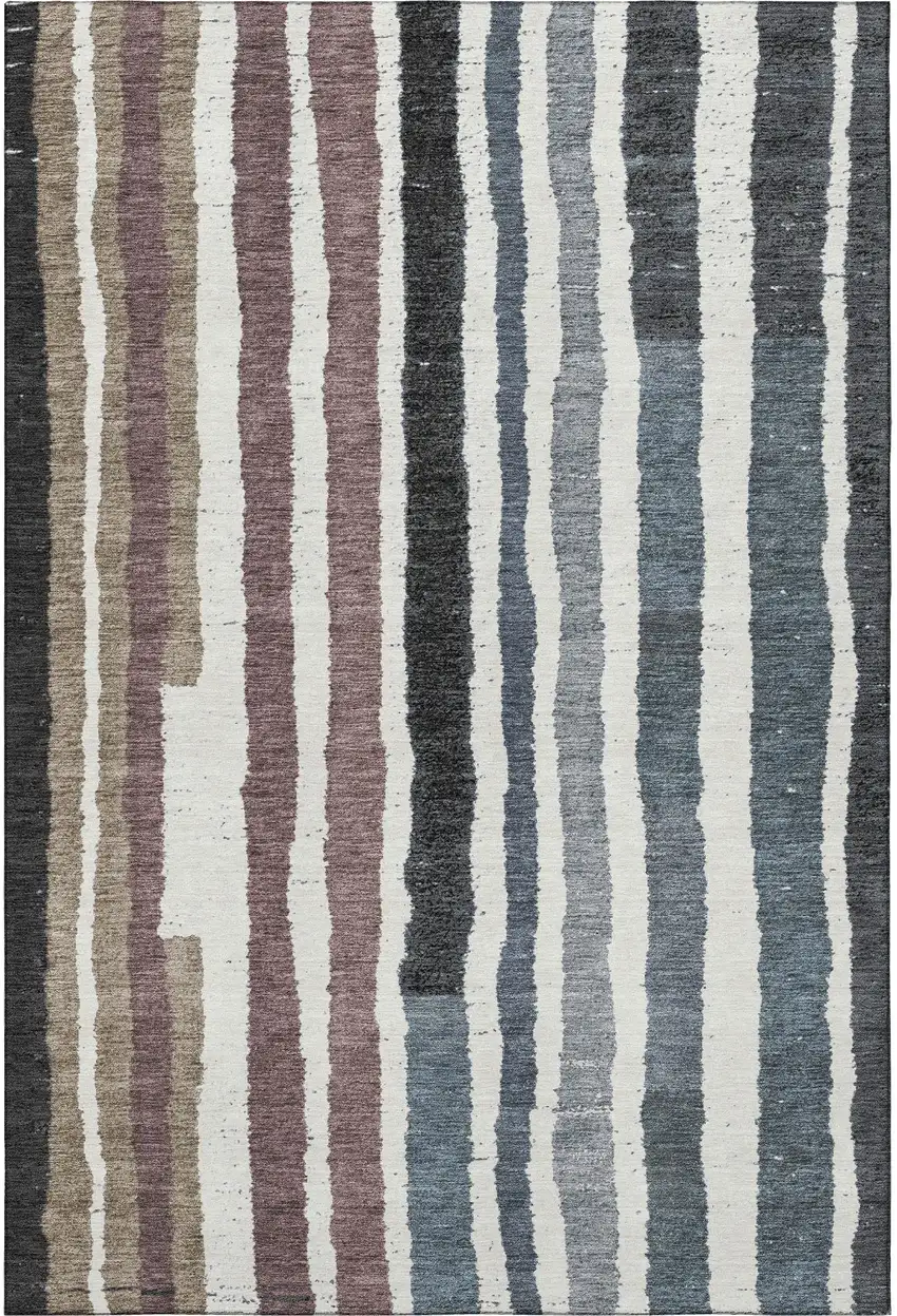 Denim Blue Ivory And Taupe Striped Washable Area Rug With UV Protection Photo 3