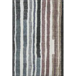 Photo of Denim Blue Ivory And Taupe Striped Washable Area Rug With UV Protection