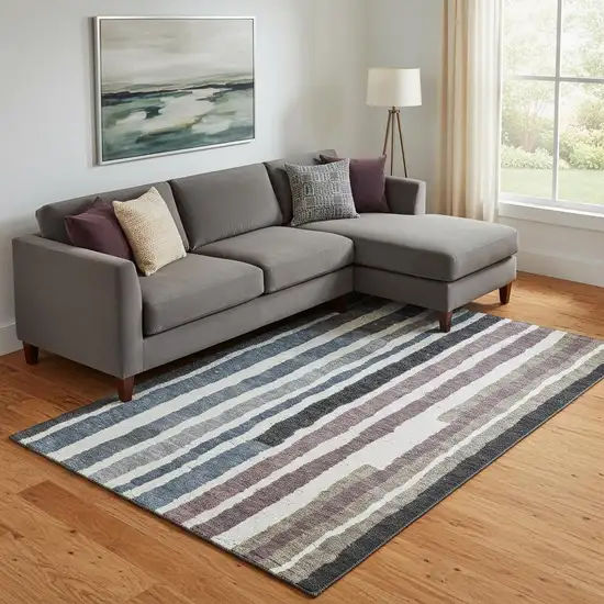 Denim Blue Ivory And Taupe Striped Washable Area Rug With UV Protection Photo 2