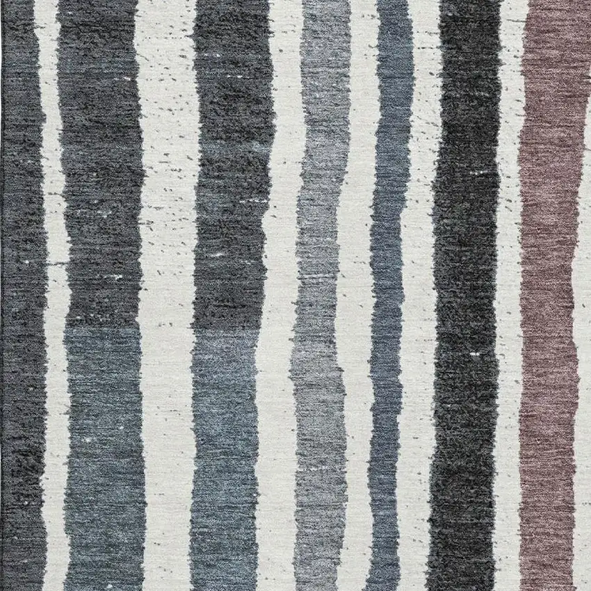 Denim Blue Ivory And Taupe Striped Washable Area Rug With UV Protection Photo 3