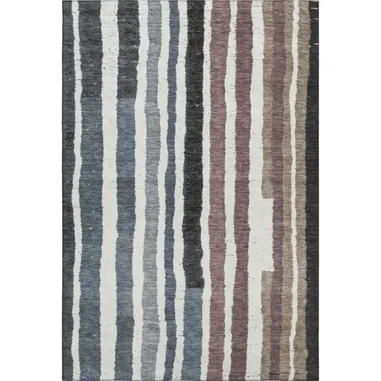 Denim Blue Ivory And Taupe Striped Washable Area Rug With UV Protection Photo 1