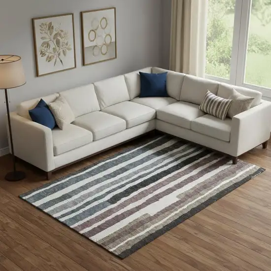 Denim Blue Ivory And Taupe Striped Washable Area Rug With UV Protection Photo 2