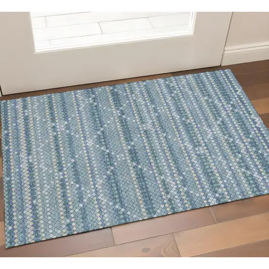 Denim Blue Ivory And Teal Geometric Washable Area Rug With UV Protection Photo 1