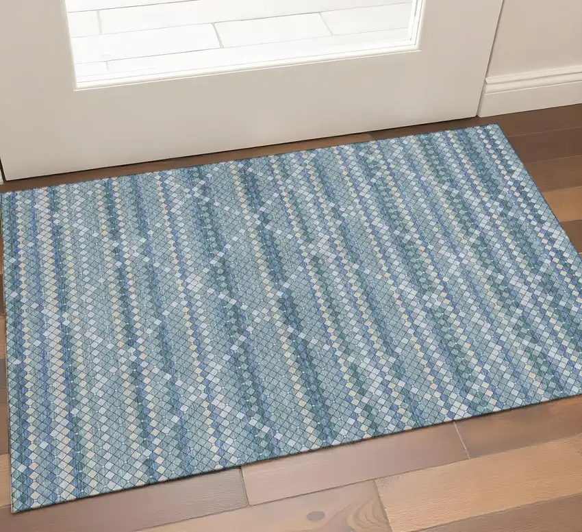 Denim Blue Ivory And Teal Geometric Washable Area Rug With UV Protection Photo 1