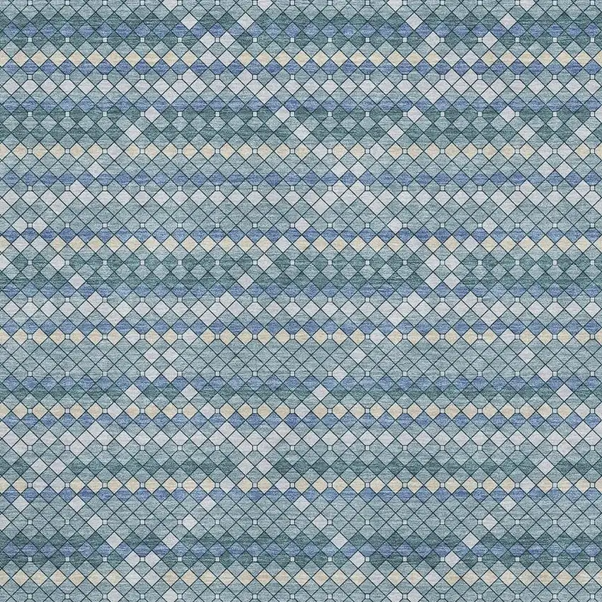 Denim Blue Ivory And Teal Geometric Washable Area Rug With UV Protection Photo 4