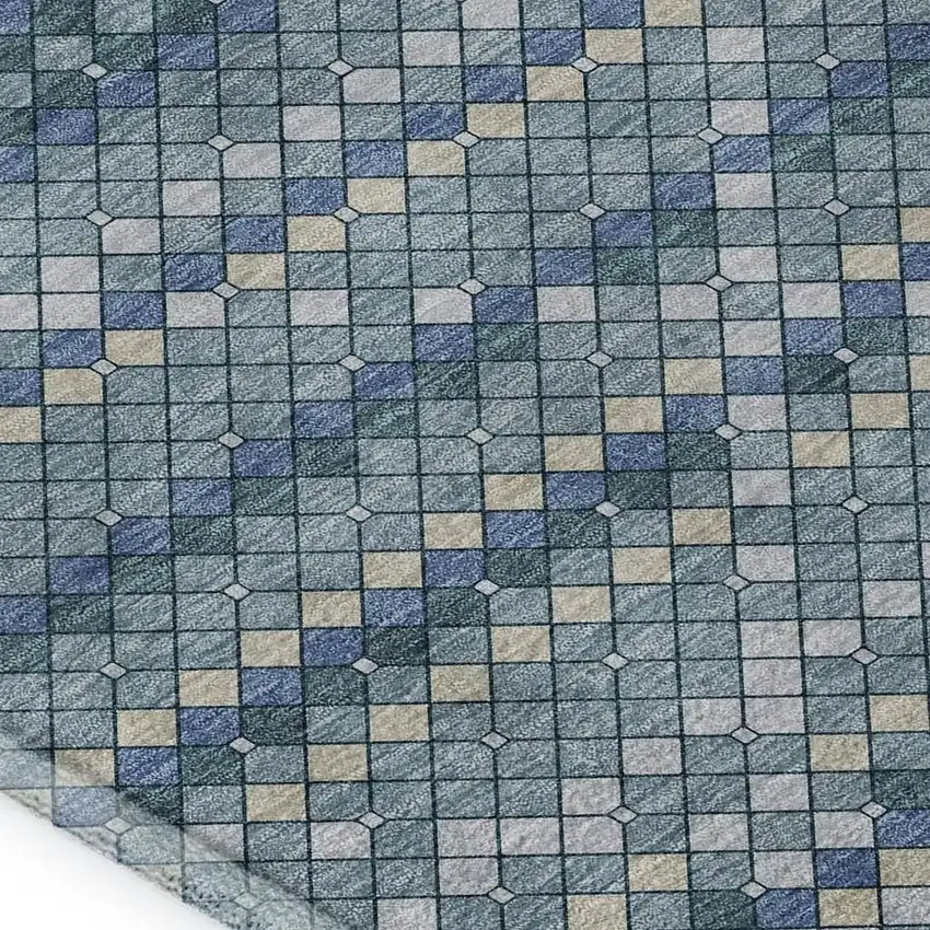 Denim Blue Ivory And Teal Geometric Washable Area Rug With UV Protection Photo 2