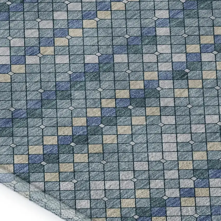 Denim Blue Ivory And Teal Geometric Washable Area Rug With UV Protection Photo 2