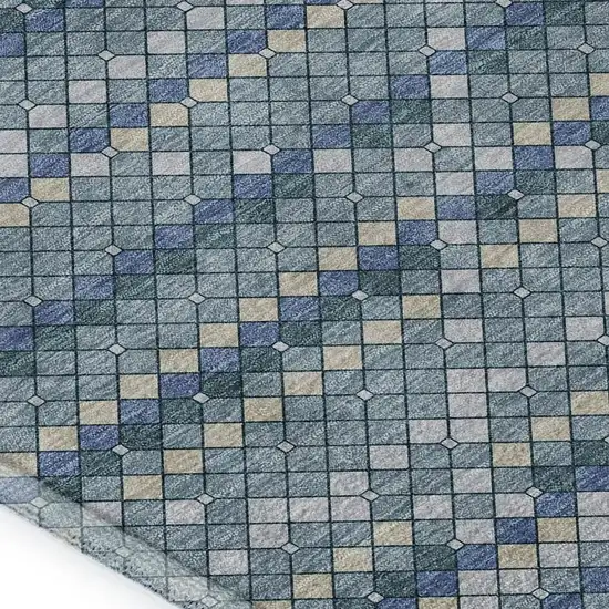 Denim Blue Ivory And Teal Geometric Washable Area Rug With UV Protection Photo 2