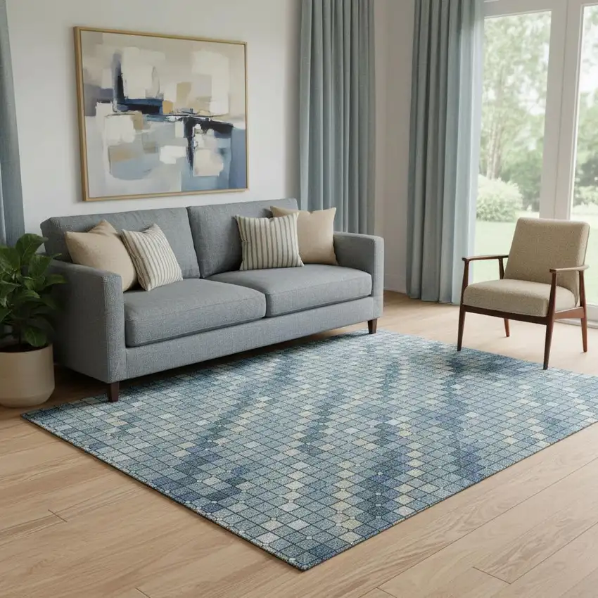 Denim Blue Ivory And Teal Geometric Washable Area Rug With UV Protection Photo 2